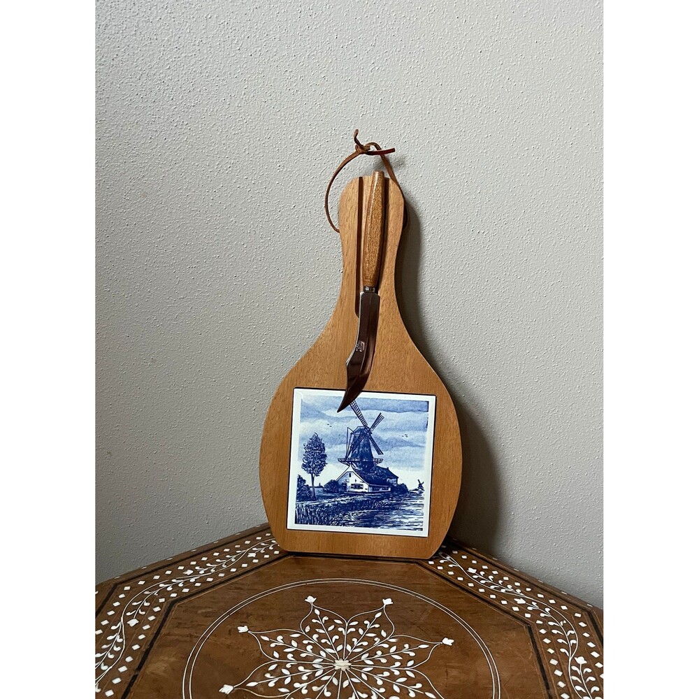 Vintage Tile Cheeseboard With Elesva Knife Delft Holland Windmill